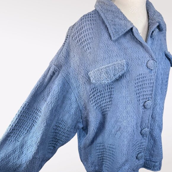 Styles To Go Blue Textured Knit Button Front Sweater Jacket Cotton Size Large - Picture 7 of 9